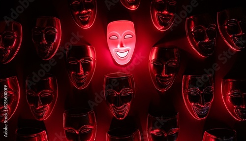 공포스러운 분위기의 마스크가 배열된 장면에서, 한 마스크만 붉은 네온빛으로 빛나는 이미지