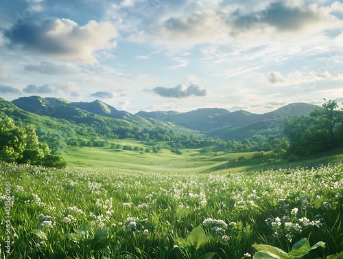 A tranquil countryside landscape with lush green meadows and distant hills. The sky is filled with soft, cotton-like clouds that create a peaceful, almost dreamlike atmosphere in the landscape. photo