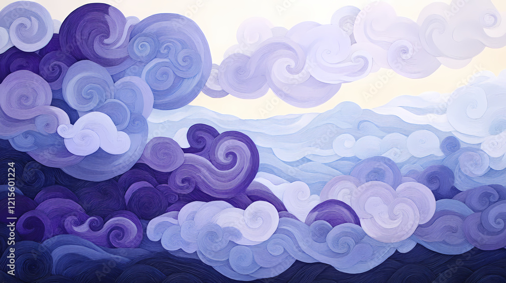 Ethereal landscape of swirling clouds in shades of indigo and lavender, clouds, sky. Indigo Skies. Illustration Ethereal landscape of swirling clouds in shades of indigo and lavender, clouds, sky. Indigo Skies. Illustration