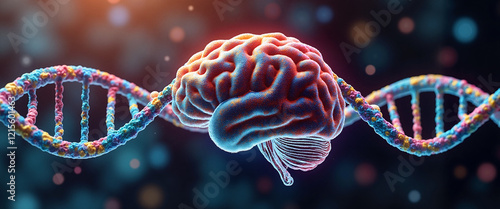 Human brain between colorful DNA strands on dark background