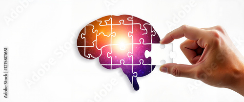 Hand placing final piece in colorful brain puzzle