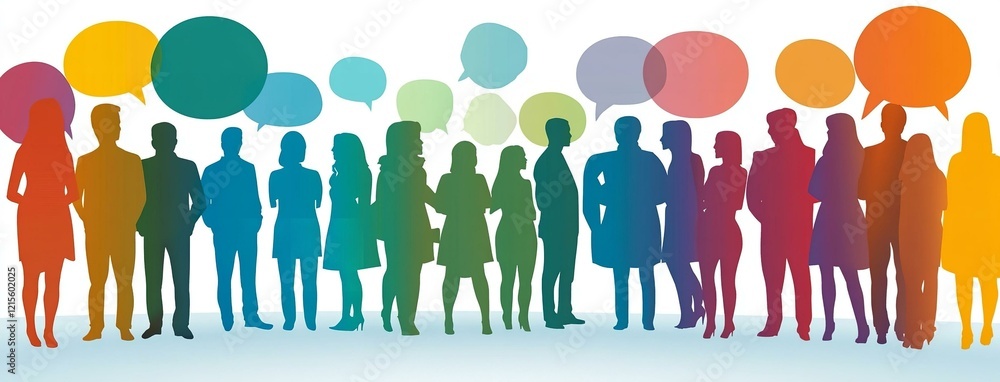 © Ace64 Studio - Communication across diverse cultures - Multicultural dialogue represented by colored silhouette and speech bubbles of multiethnic individuals. Front-view. © Ace64 Studio - Communication across diverse cultures - Multicultural dialogue represented by colored silhouette and speech bubbles of multiethnic individuals. Front-view.