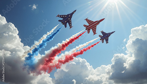 Patriotic fighter jets perform aerial display in blue sky