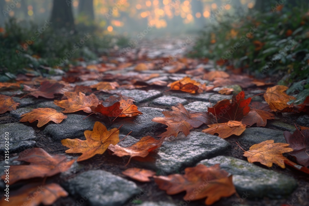Autumn leaves scattered on a stone path through a misty forest, creating a serene autumnal scene. Autumn leaves scattered on a stone path through a misty forest, creating a serene autumnal scene.