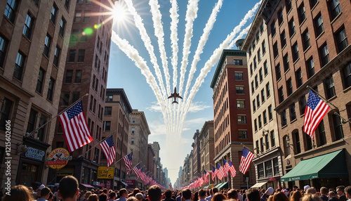 Patriotic air show over crowded city street with American flags