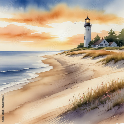 watercolor illustration of the peaceful shores of Cape Cod, Massachusetts, during the golden hour of late afternoon