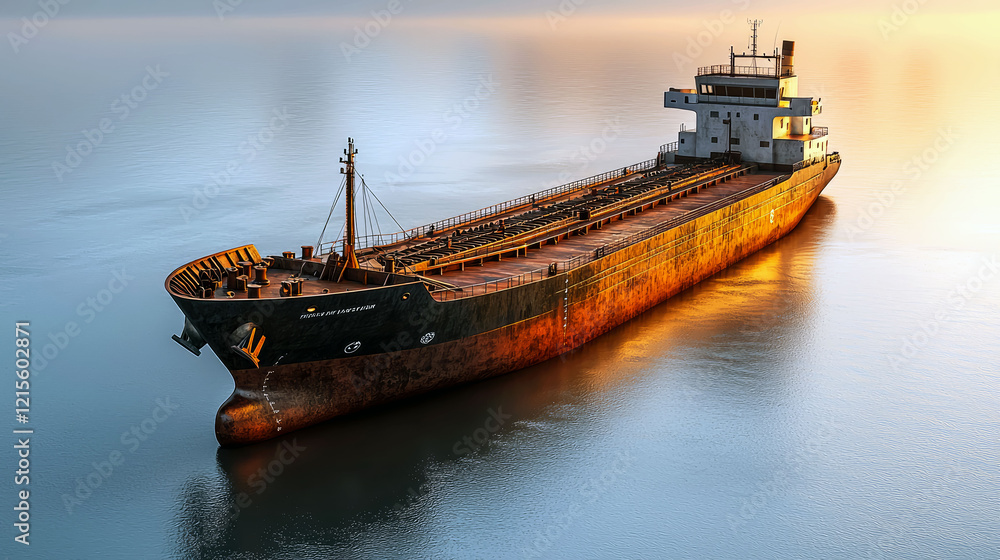 Fototapeta premium Majestic Rusty Cargo Ship at Golden Hour: A Serene Ocean View