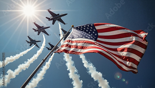 Wallpaper Mural Fighter jets flying over American flag against bright sun Torontodigital.ca