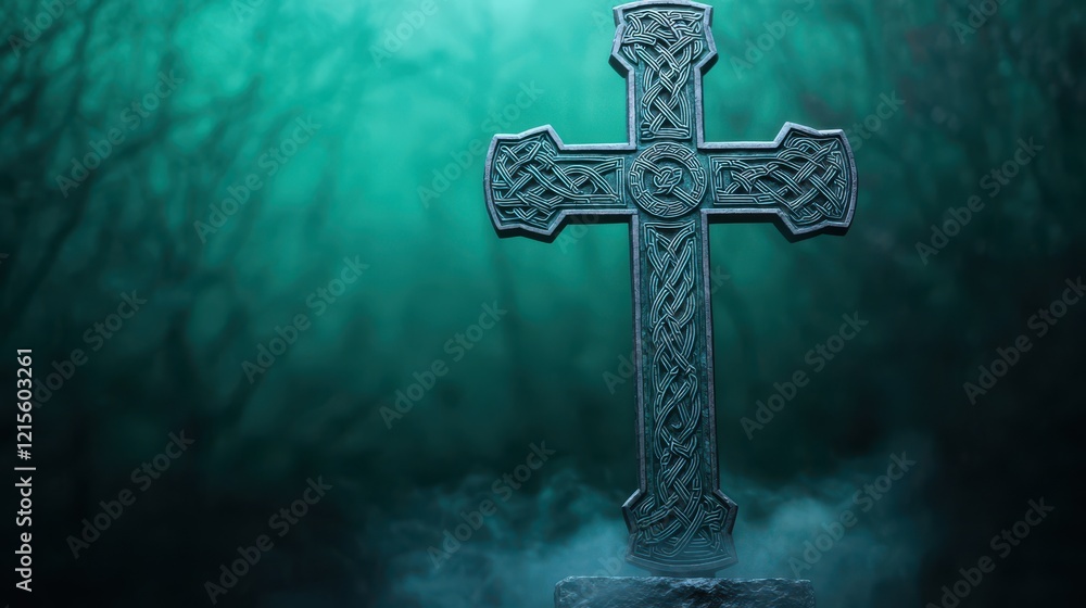 Naklejka premium A mysterious cross emerges from a misty, dark background, evoking themes of spirituality and the unknown.