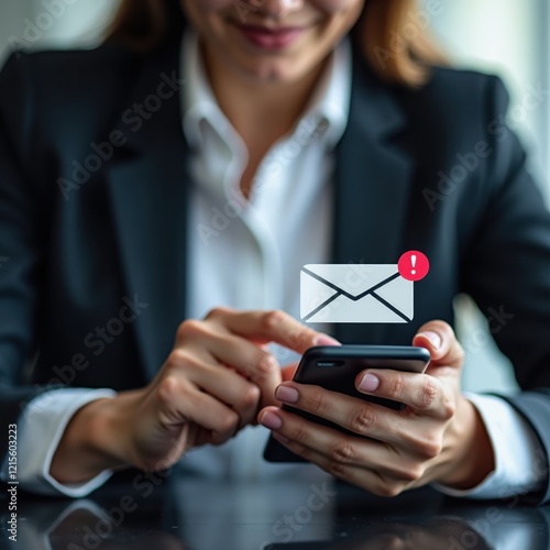 Businesswoman checking email notification on her smartphone.  A new message alert appears above the device.