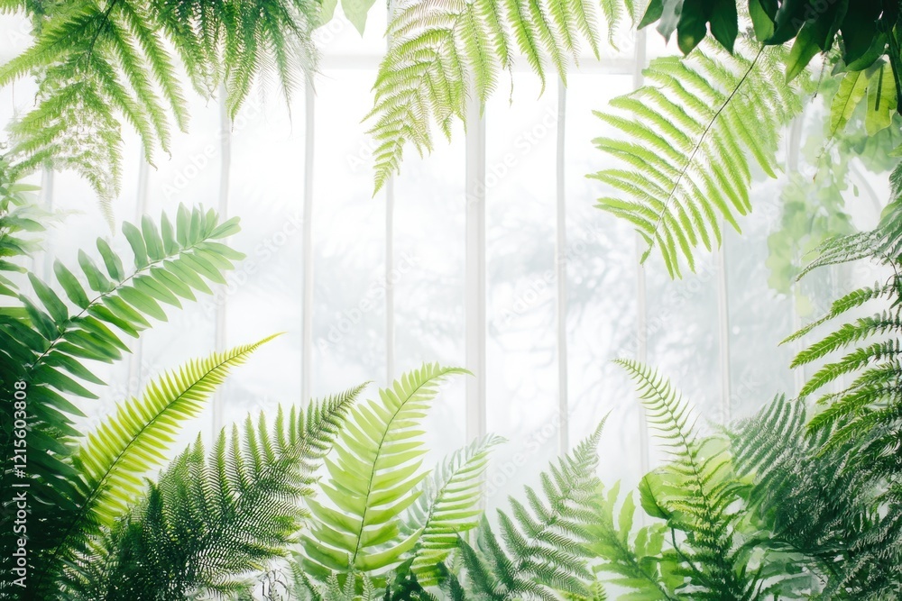 Fototapeta premium Lush green ferns frame a bright, airy window, creating a serene botanical scene.