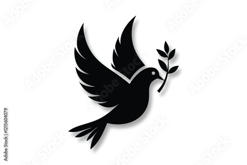 Black silhouette dove with olive branch vector icon illustration on a white background Symbol and Peace