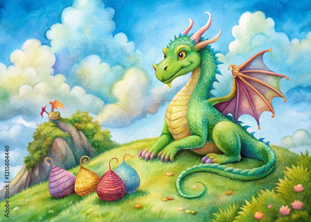 Naklejka premium Watercolor Dragon Knitting Pattern: Green Hill, Blue Sky Fantasy Art