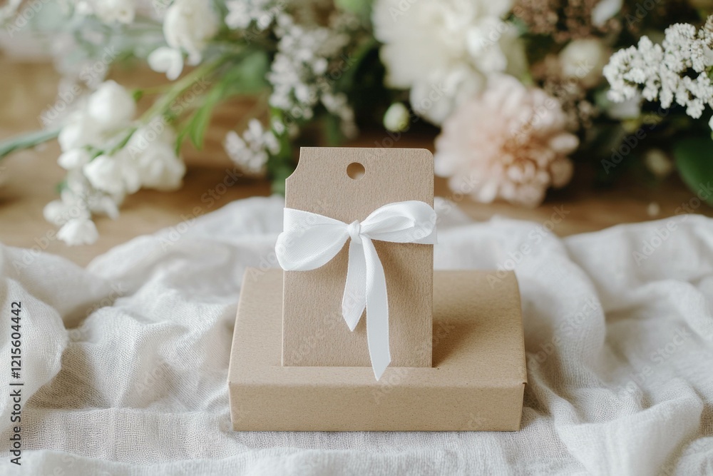 Elegant gift box mockup with white ribbon on fabric backdrop and floral accents, perfect for branding and design. Elegant gift box mockup with white ribbon on fabric backdrop and floral accents, perfect for branding and design.