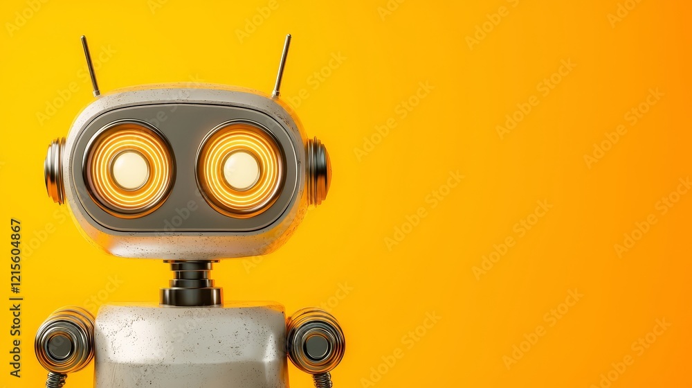 Close-up of a retro robot toy with a weathered metallic texture, glowing eyes, and intricate mechanical joints, set against a vibrant yellow background, vintage style Close-up of a retro robot toy with a weathered metallic texture, glowing eyes, and intricate mechanical joints, set against a vibrant yellow background, vintage style
