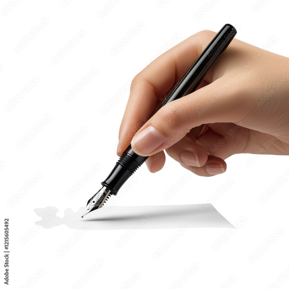 Hand Holding Fountain Pen on Paper Surface Isolated on transparent background Hand Holding Fountain Pen on Paper Surface Isolated on transparent background