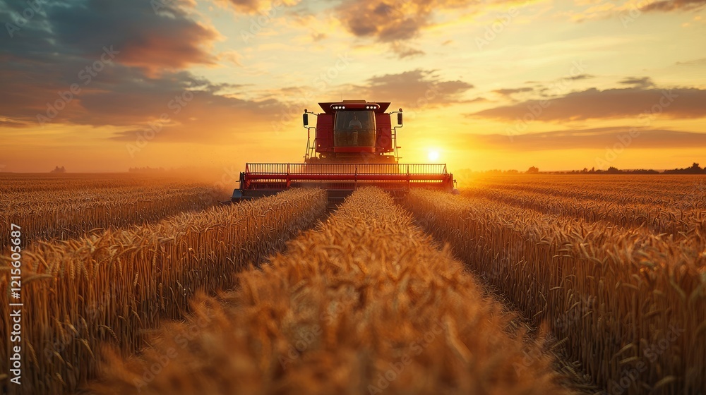 Fototapeta premium Red Combine Harvester Harvesting Wheat Field At Sunset