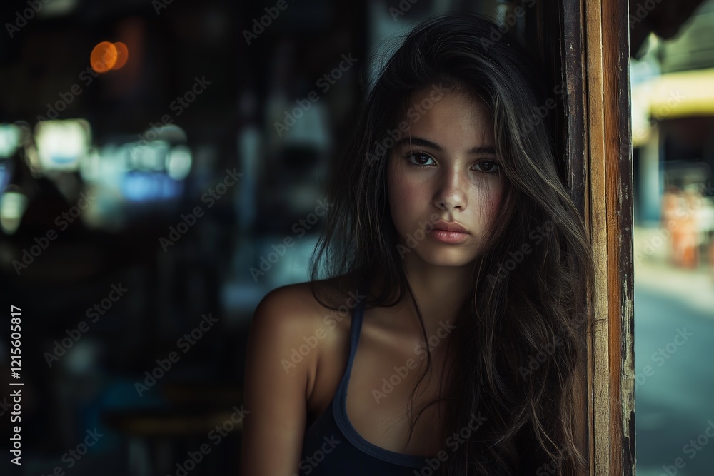 A young girl with dark hair appears deep in thought at a rustic location. A young girl with dark hair appears deep in thought at a rustic location.