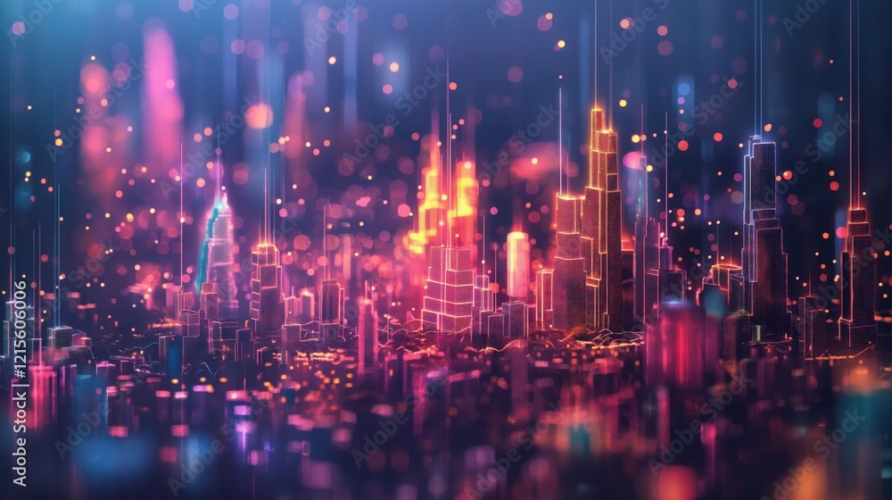 Naklejka premium A vibrant, colorful city skyline illuminated with lights against a dark background.