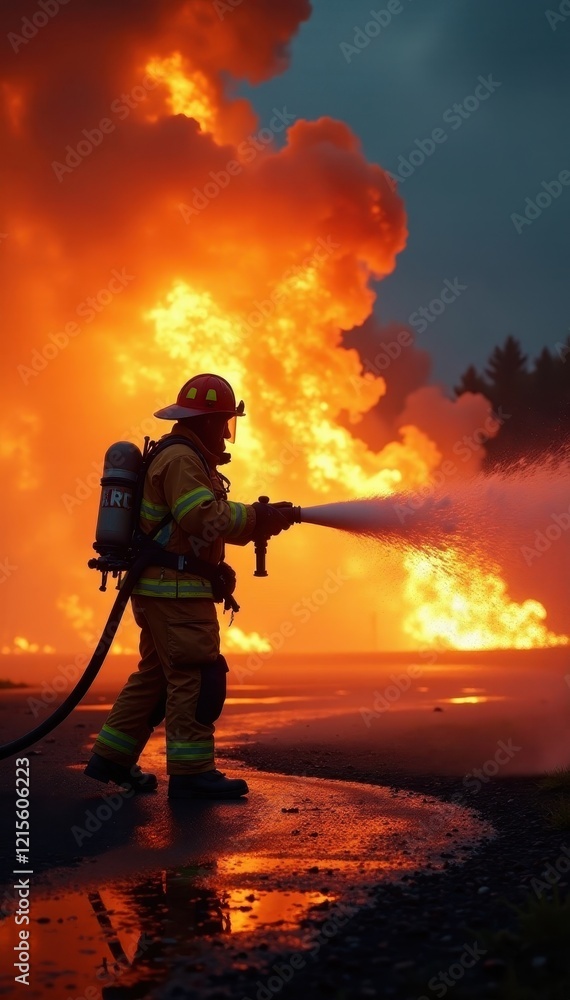Fototapeta premium Firefighters controlling a blaze, hose in action, training, devastation