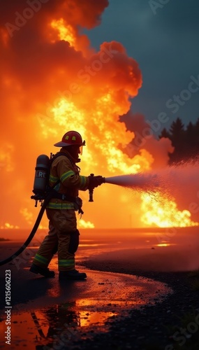 Firefighters controlling a blaze, hose in action, training, devastation