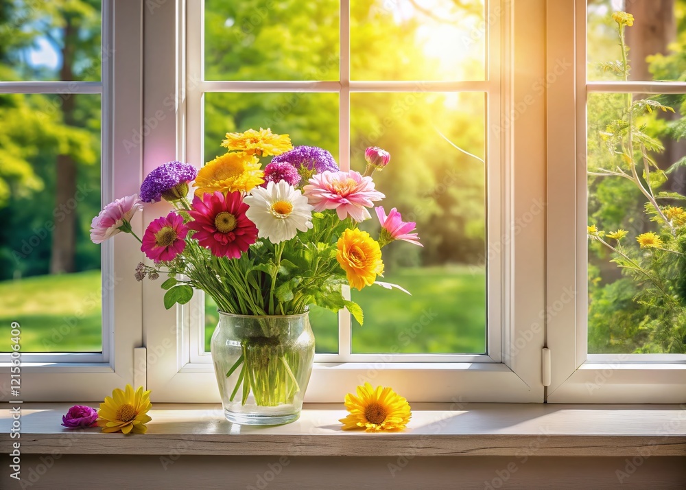 White Window Frame with Blooming Flowers - Spring Interior Decor Stock Photo White Window Frame with Blooming Flowers - Spring Interior Decor Stock Photo