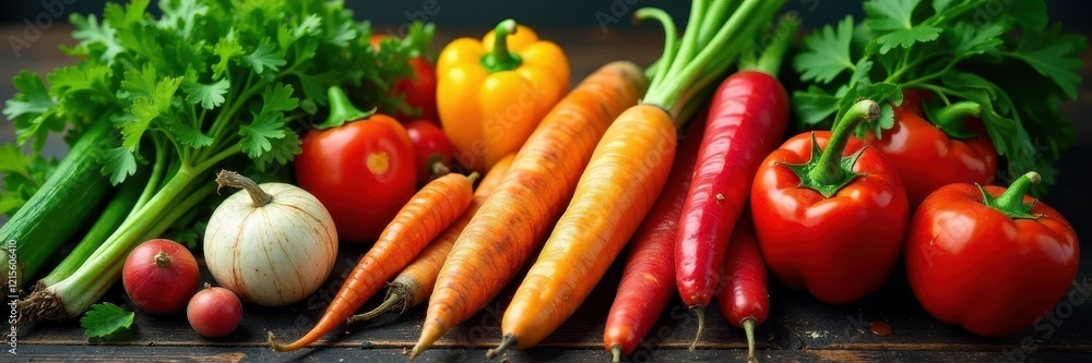 Assortment of root vegetables, leafy greens, and peppers, collection, food Assortment of root vegetables, leafy greens, and peppers, collection, food