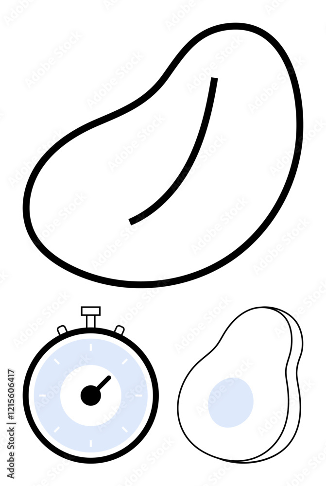 Kidney bean stopwatch and abstract shape. Ideal for health, time management, minimalism, productivity, simplicity, wellness, planning Line metaphor Kidney bean stopwatch and abstract shape. Ideal for health, time management, minimalism, productivity, simplicity, wellness, planning Line metaphor
