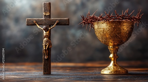 Wooden crucifix and ornate chalice with crown of thorns on rustic surface. Easter, Pascha, Paskha, Ostern, Pascua, Paques - Orthodox and Catholic Holiday celebration