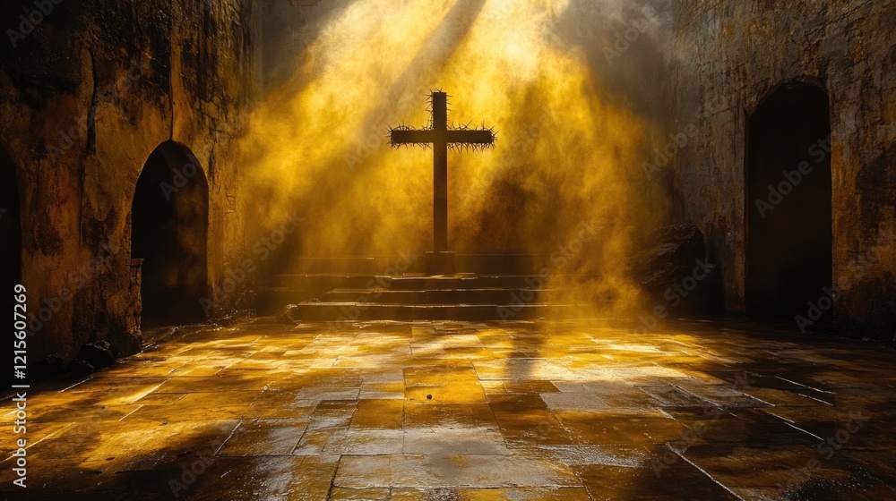 Naklejka premium Sunlit stone chamber with crown of thorns cross - dramatic light and shadows. Easter, Pascha, Paskha, Ostern, Pascua, Paques - Orthodox and Catholic Holiday celebration