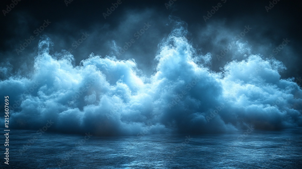 Obraz premium Dark blue ocean scene with glowing clouds at night.