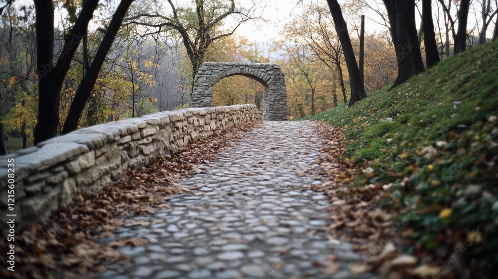 A stone path meanders through a lush autumn forest, with fallen leaves creating a vibrant tapestry beneath an archway, inviting exploration. A stone path meanders through a lush autumn forest, with fallen leaves creating a vibrant tapestry beneath an archway, inviting exploration.