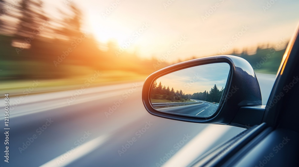 The side mirror of a car captures a sunset casting its glow over a curving road The side mirror of a car captures a sunset casting its glow over a curving road