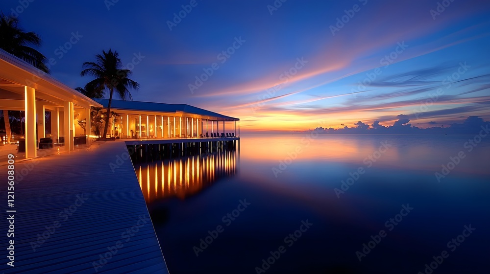 Fototapeta premium Sunset over a private beach property, modern architectural design, soft ambient lighting, ad layout space, serene and high-end feel