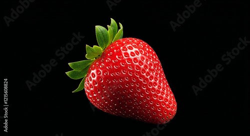 Wallpaper Mural "A single plump strawberry with its green leaves intact, lying on a black background, illuminated to emphasize its bright red, textured surface." Torontodigital.ca