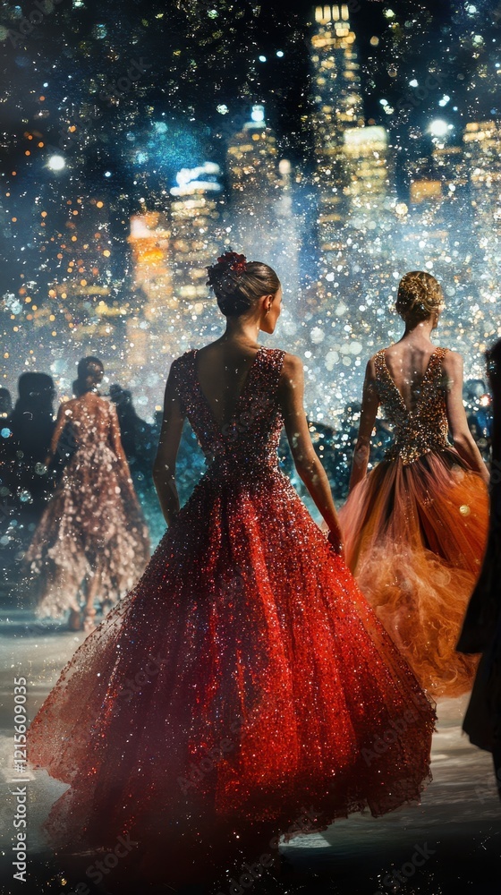 Naklejka premium Enchanted Runway: A Night of Sparkling Gowns and City Lights