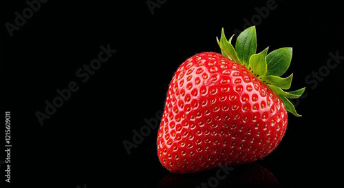 Wallpaper Mural "A single plump strawberry with its green leaves intact, lying on a black background, illuminated to emphasize its bright red, textured surface." Torontodigital.ca