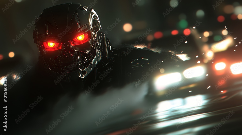 The reflection of a robot's visage in a car's side mirror signifies the era of autonomous taxis The reflection of a robot's visage in a car's side mirror signifies the era of autonomous taxis