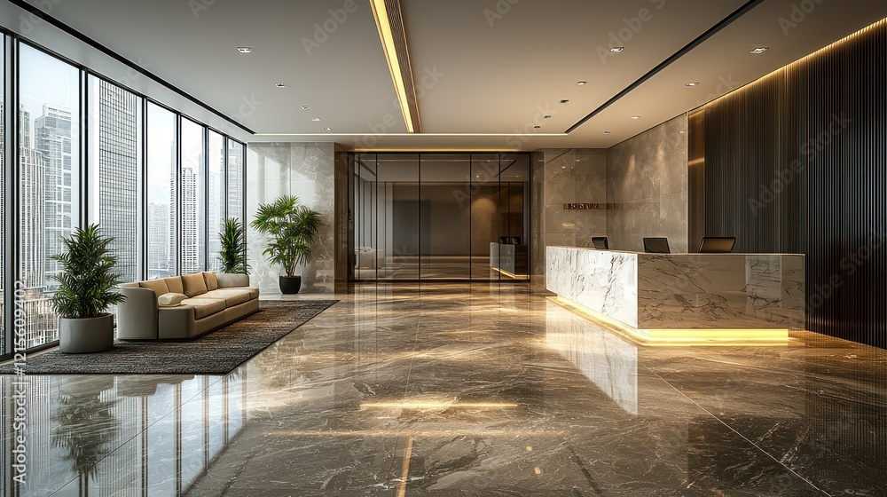 Fototapeta premium Modern hotel lobby reception desk, city view, sunny (1)