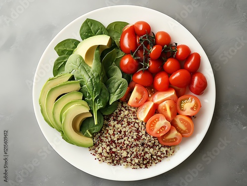 A well-balanced plate of heart-healthy foods such as avocado, quinoa, tomatoes, and spinach, captured from above on a soft grey background, with vibrant pops of color. photo