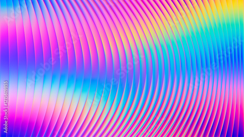 Iridescent futuristic neon ribbed fractal glass texture with vibrant gradient waves and bright smooth fluted curved lines. Bold dynamic design blending radiant neon tones for modern visual art project