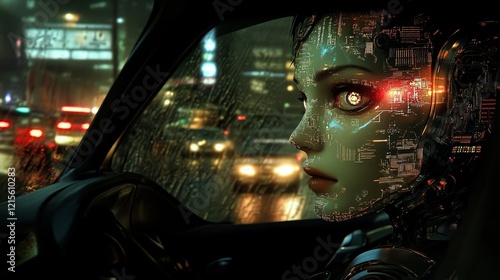 The reflection of a robotic face in a car's side mirror signifies the incorporation of AI into transportation photo