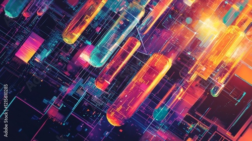 Wallpaper Mural Vibrant graphic of laboratory testing for health sector accreditation, featuring overlapping geometric designs, test tubes, and digital data flows Torontodigital.ca