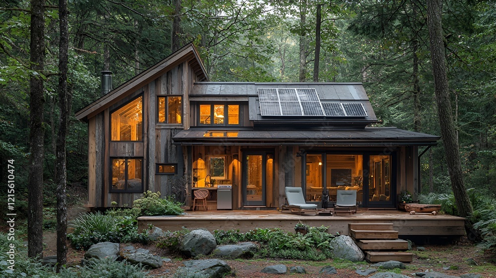 Modern cabin, forest setting, evening light, solar panels, nature escape Modern cabin, forest setting, evening light, solar panels, nature escape