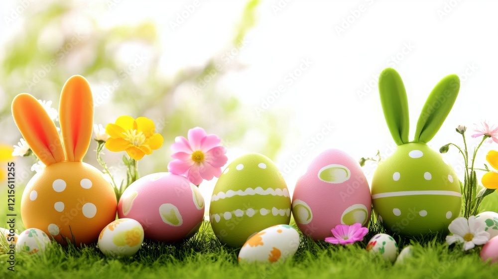 Colorful Easter Eggs with Bunny Ears Surrounded by Vibrant Flowers on a Lush Green Grass Background Celebrating Spring and Festivity in a Joyful Atmosphere Colorful Easter Eggs with Bunny Ears Surrounded by Vibrant Flowers on a Lush Green Grass Background Celebrating Spring and Festivity in a Joyful Atmosphere