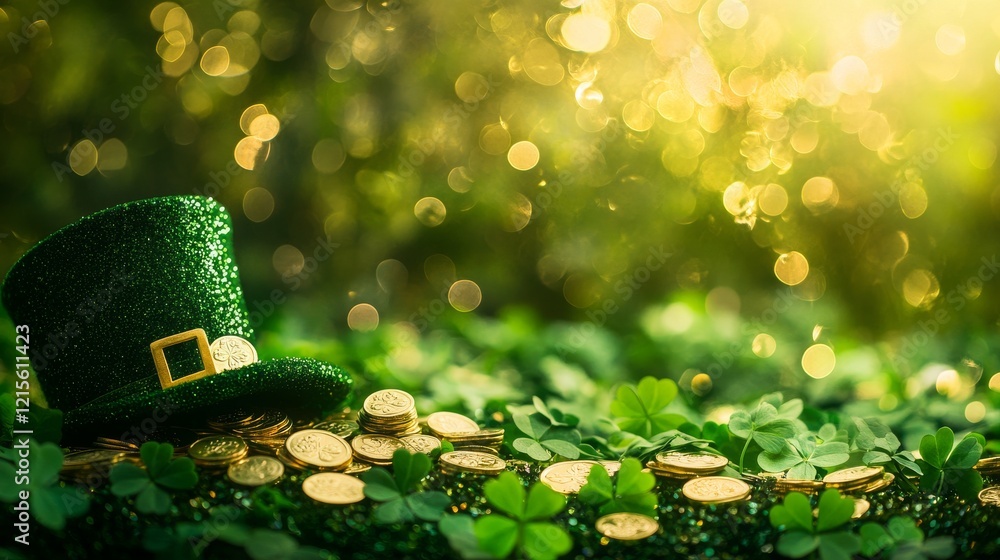 Naklejka premium Green Leprechaun Hat with Gold Coins and Shamrocks on a Soft Green Background with Soft Bokeh Effects Celebrating the Spirit of Saint Patrick's Day Festivities and Rich Cultural Heritage