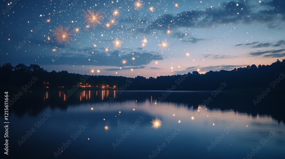 Bright fireworks illuminate a serene lake as stars glimmer above, creating a magical celestial display mirrored in the water below. Bright fireworks illuminate a serene lake as stars glimmer above, creating a magical celestial display mirrored in the water below.