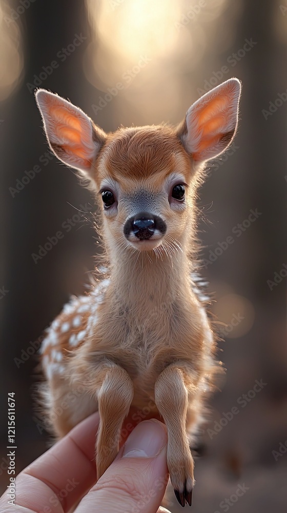 Obraz premium Sweet baby deer held gently in a person's hand during a serene forest afternoon