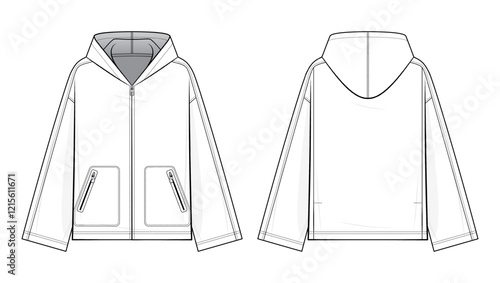 Hooded Zip-Up Jacket Technical Fashion Illustration. Casual Jacket with zippered angled pockets Vector Template. Relaxed Fit. Long Sleeves. unisex Outerwear. CAD Mockup set.