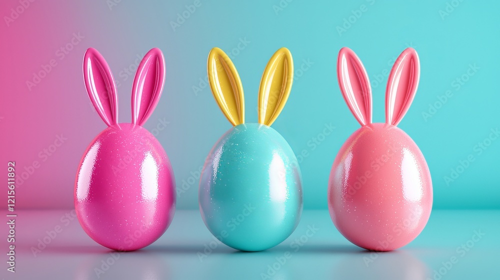 Playful Easter eggs in neon colors with bunny ears, set against a bold, contrasting background in pop art style Playful Easter eggs in neon colors with bunny ears, set against a bold, contrasting background in pop art style